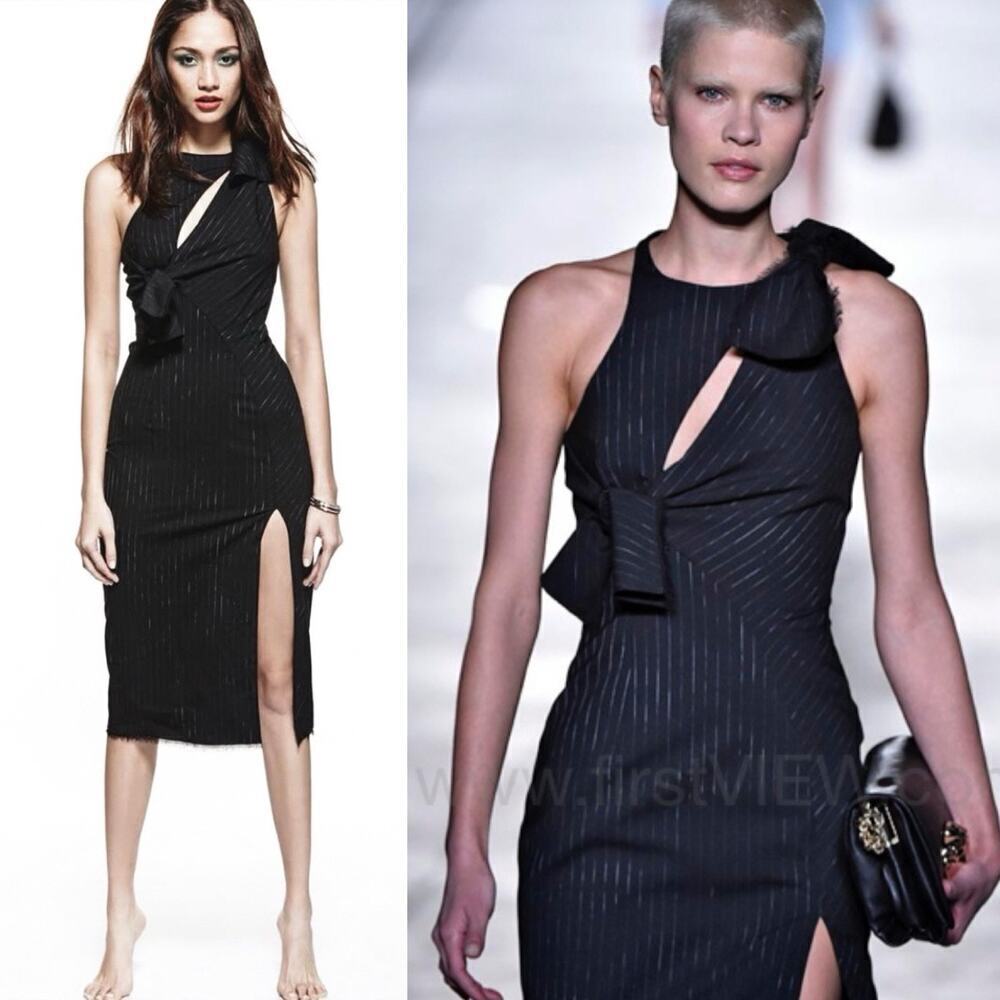 Versace Runway Dress Cut Out Pencil Midi Wool Silk Pinstripe Cocktail Slit 2016